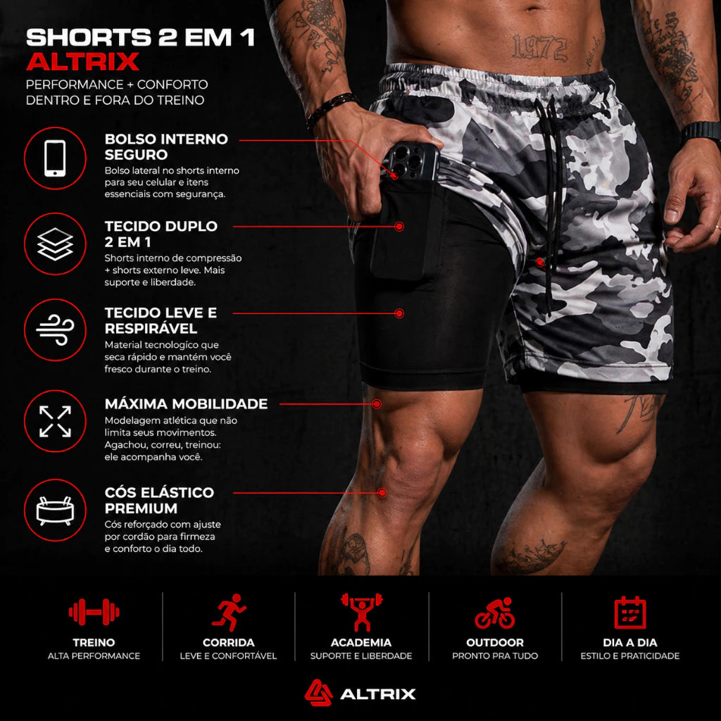 Short 2 em 1 Altrix Ozlo® – Compressão e Proteção UV